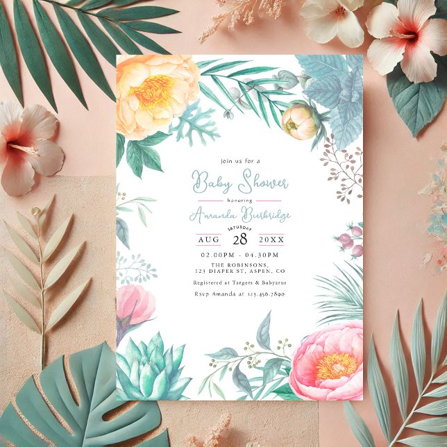 Invitation Dusty Pastel Baby shower d'été tropical floral (Dusty Pastel Tropical Floral Summer Baby Shower Invitation)