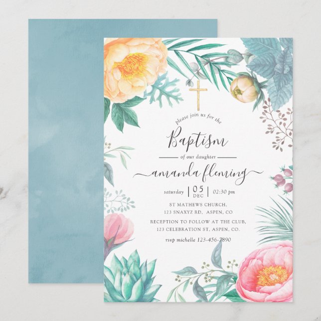 Invitation Dusty Pastel Tropical Floral Summer Baptême (Devant / Derrière)