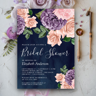 Invitation Dusty Peach Purple Floral Navy Fête des mariées bl