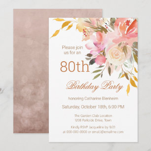 Invitation Dusty Peach Watercolor Floral 80e fête d'anniversa