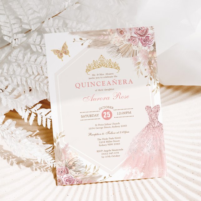 Invitation Dusty Pink Boho Floral Quinceañera 15e anniversair (Créateur téléchargé)