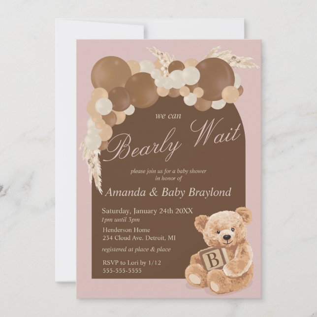 Invitation Dusty Pink Boho Teddy Bear Baby shower (Devant)