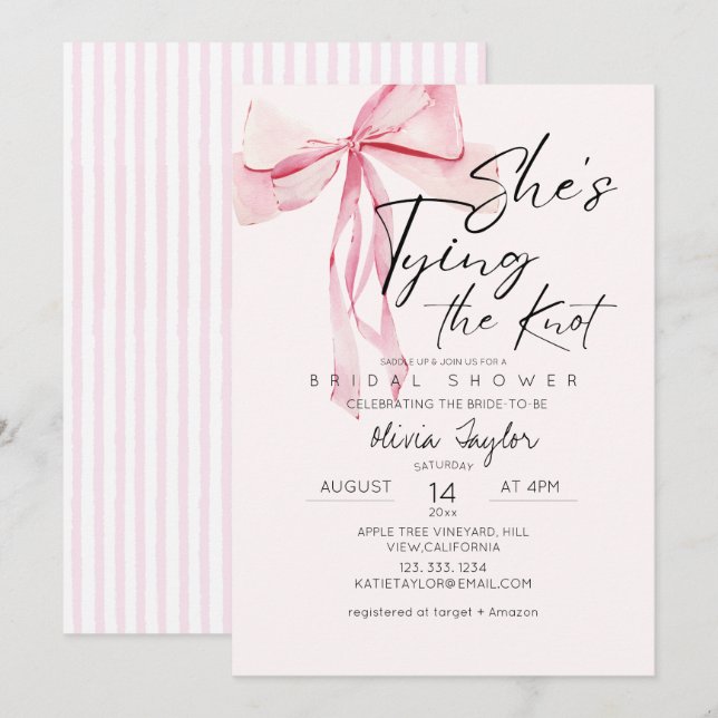 Invitation Dusty Pink Bow She's Tying the Knot Fête des marié (Devant / Derrière)