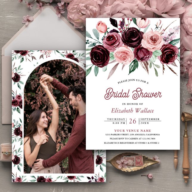 Invitation Dusty Pink Burgundy Floral Photo Fête des mariées (Créateur téléchargé)