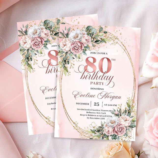 Invitation Dusty Pink Eucalyptus 80th Birthday Invite Card (Dusty Pink Eucalyptus 80th Birthday Invite Card)