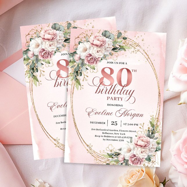 Invitation Dusty Pink Floral 80th Birthday Celebration Invite (Dusty Pink Floral 80th Birthday Celebration Invite)