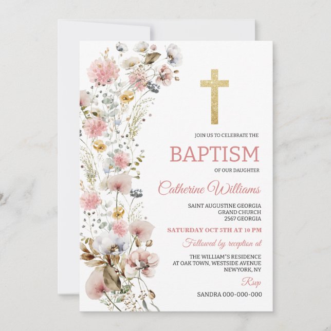 Invitation Dusty Pink Flowers Elegant Girls Baptism  (Devant)