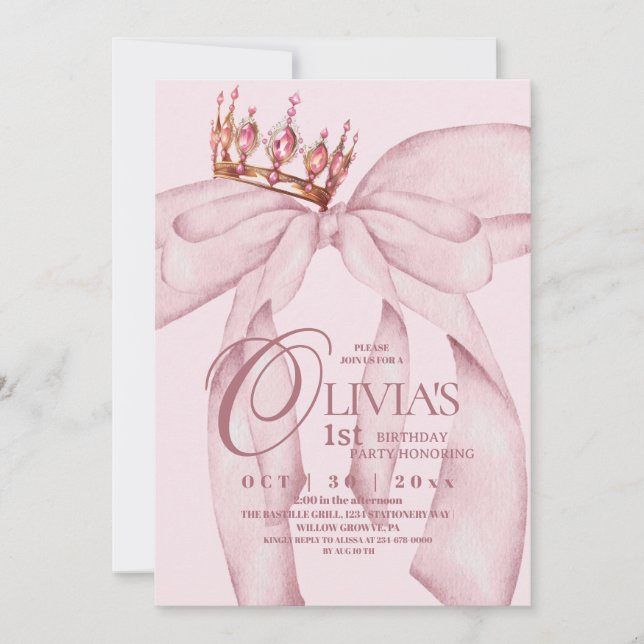 Invitation Dusty Pink Modern Trendy Bow 1st Birthday  (Devant)