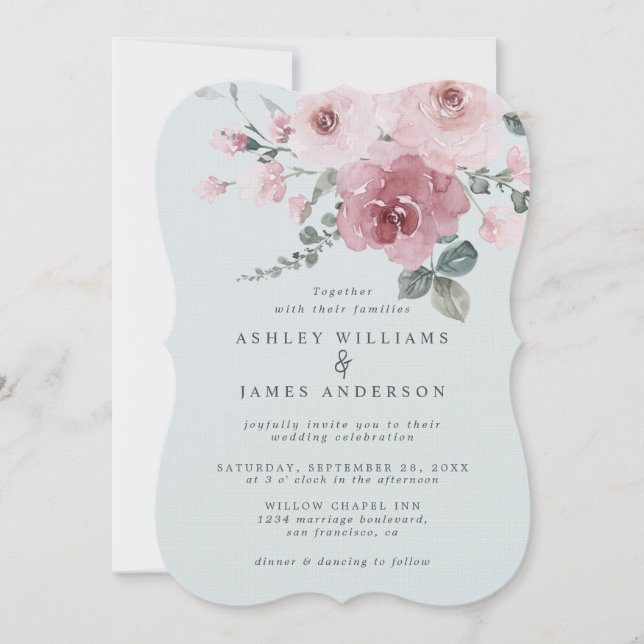 Invitation Dusty Pink Rose Light Blue Wedding (Devant)