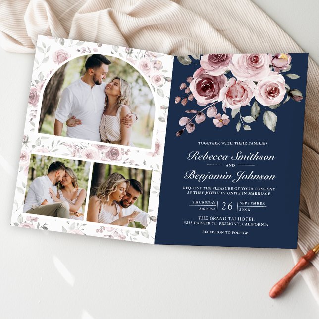 Invitation Dusty Pink Roses QR Code Navy Blue Wedding (Créateur téléchargé)