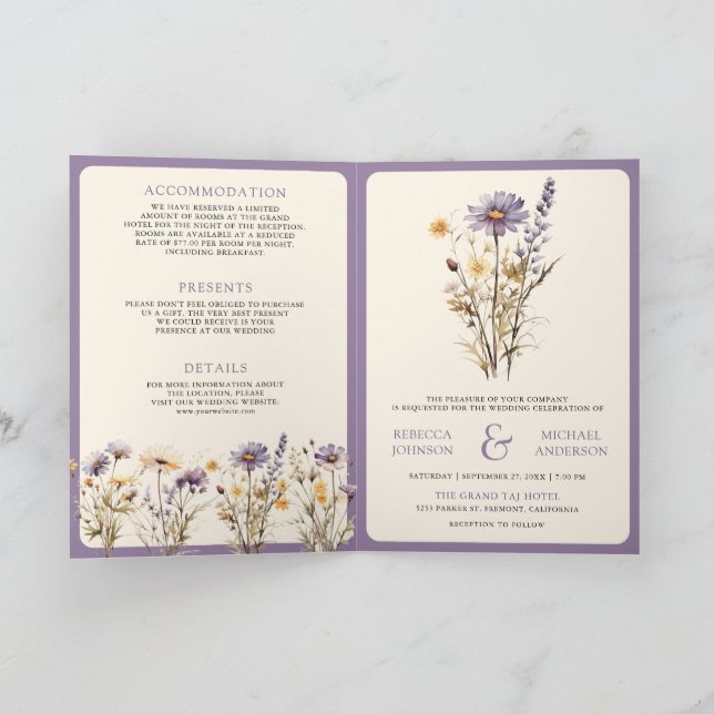 Invitation Dusty Purple Boho Wildflower QR Code Wedding (Intérieur)