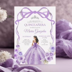 Invitation Dusty Purple Bow Princess Silver Crown Quinceañera