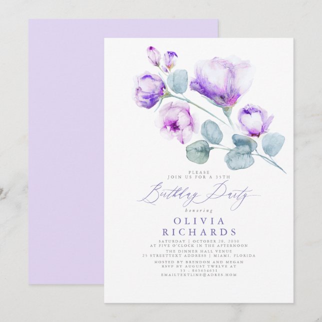 Invitation Dusty Purple Élégant Romantique Floral Anniversair (Devant / Derrière)