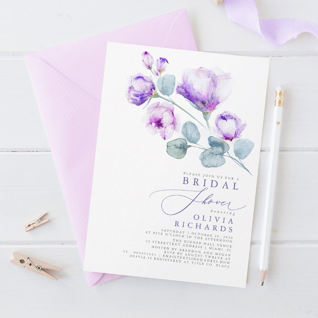 Invitation Dusty Purple Floral Élégant Fête des mariées minim (Créateur téléchargé)