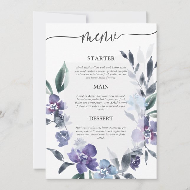 Invitation Dusty Purple Floral Garden Menu de mariage, (Devant)