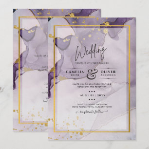 Invitation Dusty Purple Gold Alcohol Encre Mariage Abstrait