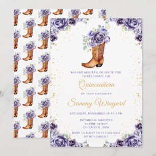 Invitation Dusty Purple Gold Floral Cowboy Boot Quinceañera