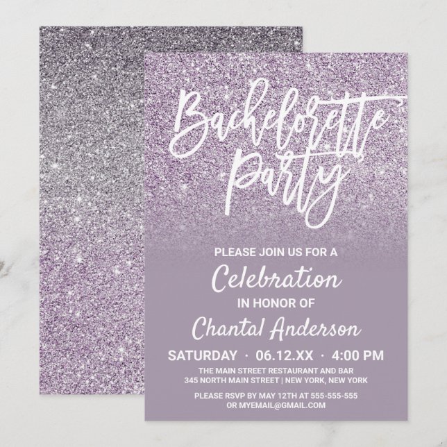 Invitation Dusty Purple Grey Faux Parties scintillant Ombre B (Devant / Derrière)
