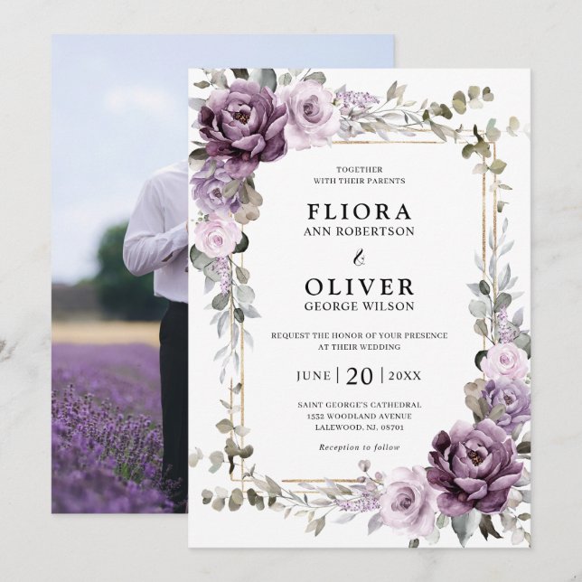 Invitation Dusty Purple Lavender Gold Mariage géométrique Inv (Devant / Derrière)