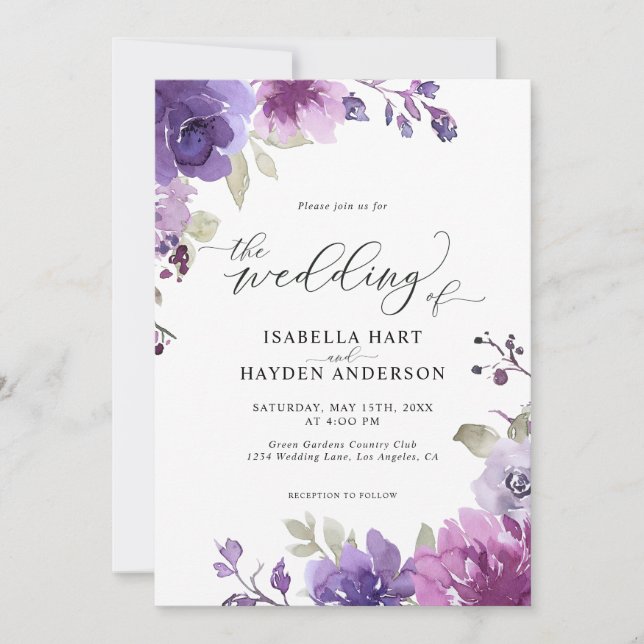 Invitation Dusty Purple Mauve Lilac Floral Boho Mariage (Devant)