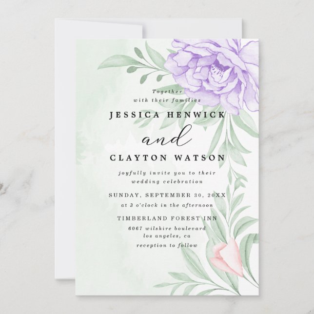 Invitation Dusty Purple Peony Rose vert Feuille Mariage (Devant)