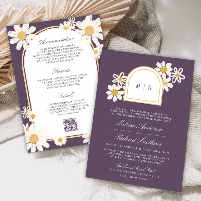 Invitation Dusty Purple Retro Yellow Daisy All in One Wedding (Créateur téléchargé)