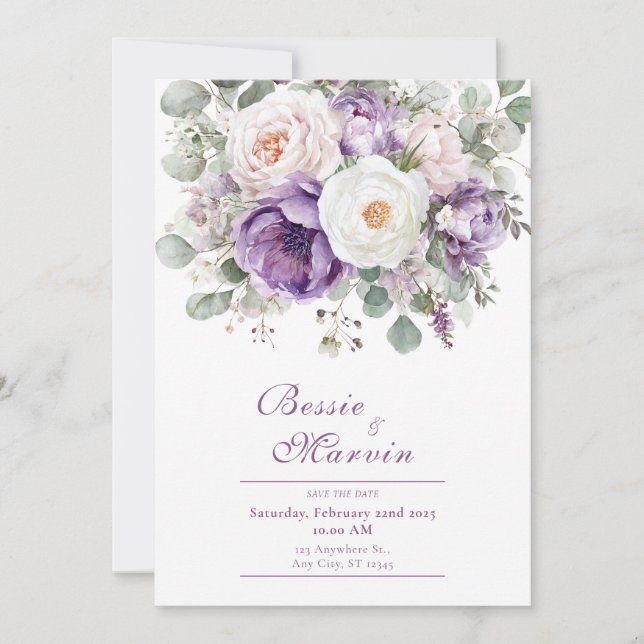Invitation Dusty Purple Rose Peony Eucalyptus Watercolor (Devant)