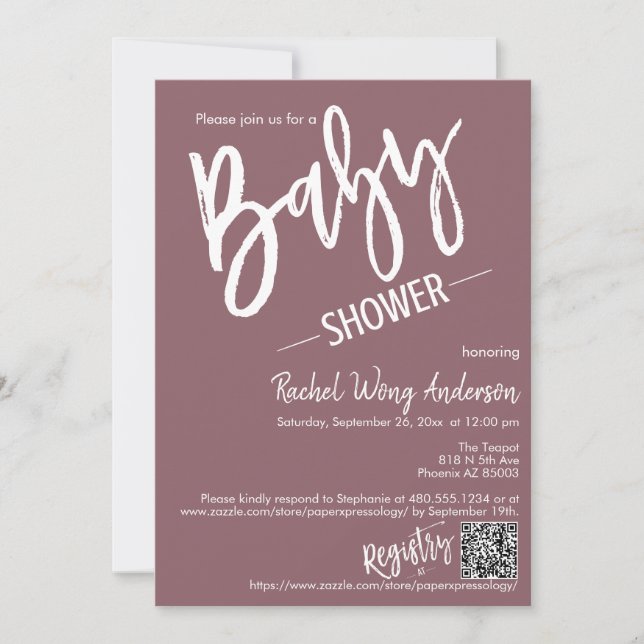 Invitation Dusty Purple Script Baby shower QR Code Photo (Devant)