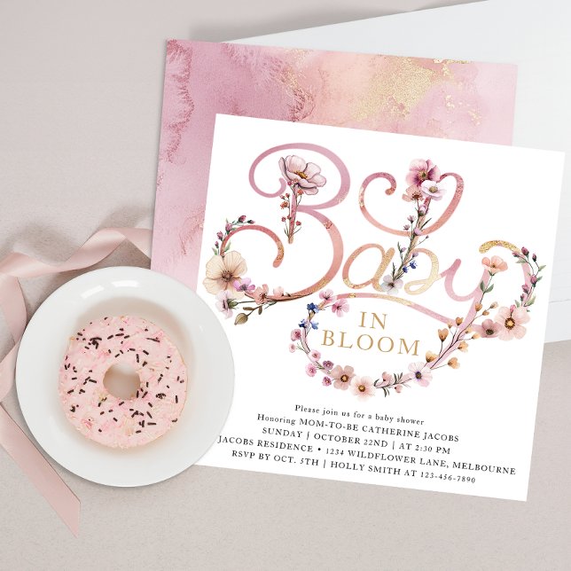 Invitation Dusty rose aquarelle Fleur sauvage Baby shower Inv (Baby in Bloom - Baby Shower)