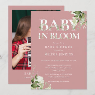 Invitation Dusty Rose Baby In Bloom Foliage Baby shower photo