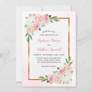 Invitation Dusty Rose Blanc Floral Aquarelle or Mariage