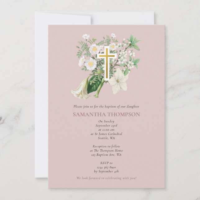 Invitation Dusty Rose Blanc Floral Croix Religieux Baptême (Devant)