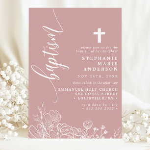 Invitation Dusty Rose Blanc Floral Élégant Script Baptême