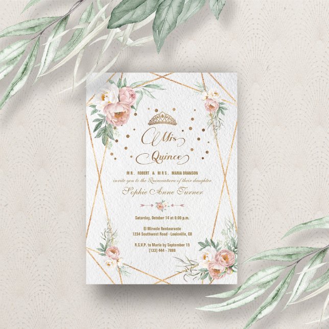 Invitation Dusty Rose blanc Floral Mis Quince Quinceañera (Créateur téléchargé)