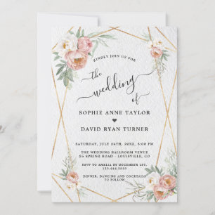 Invitation Dusty Rose blanc Floral or Mariage de calligraphie
