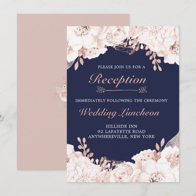 Invitation Dusty Rose Blanc Lush Floral Navy Blue Réception (Devant / Derrière)