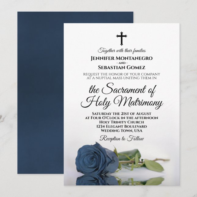 Invitation Dusty Rose bleu chic Mariage catholique moderne (Devant / Derrière)