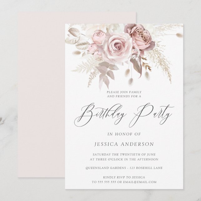Invitation Dusty Rose Blush Boho Ivory Floral fête d'annivers (Devant / Derrière)