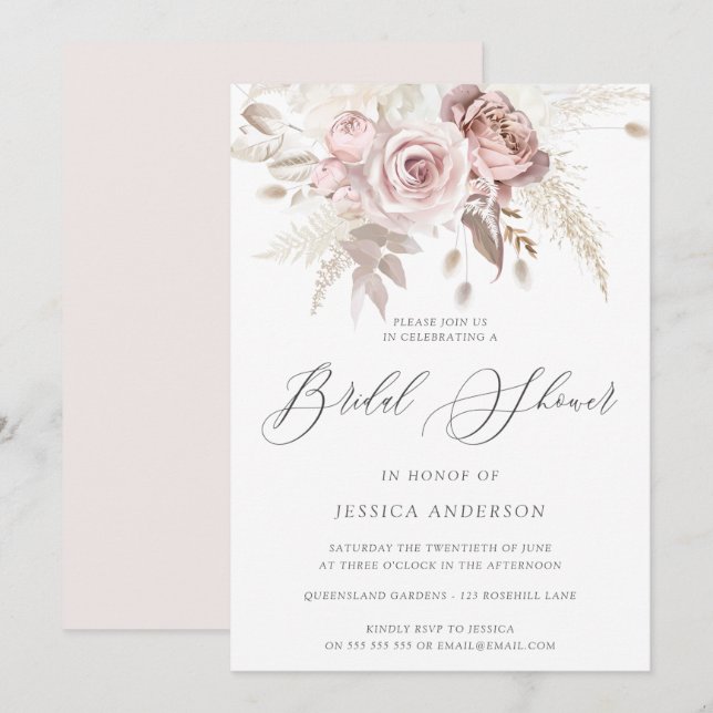 Invitation Dusty Rose Blush Boho Ivory Floral Fête des mariée (Devant / Derrière)