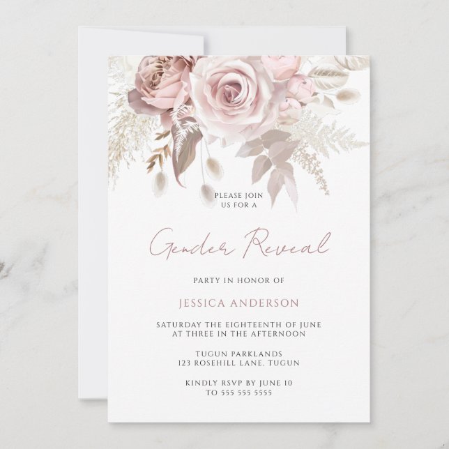Invitation Dusty Rose Blush Floral Genre Revevela Party (Devant)
