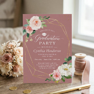 Invitation Dusty Rose Blush Floral Gold Graduation géométriqu