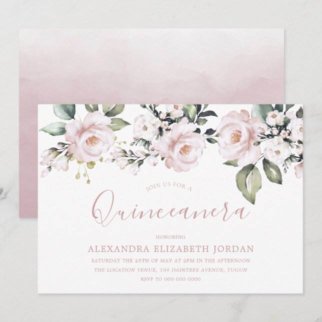 Invitation Dusty Rose Blush rose Fleurs Quinceanera Party (Devant / Derrière)
