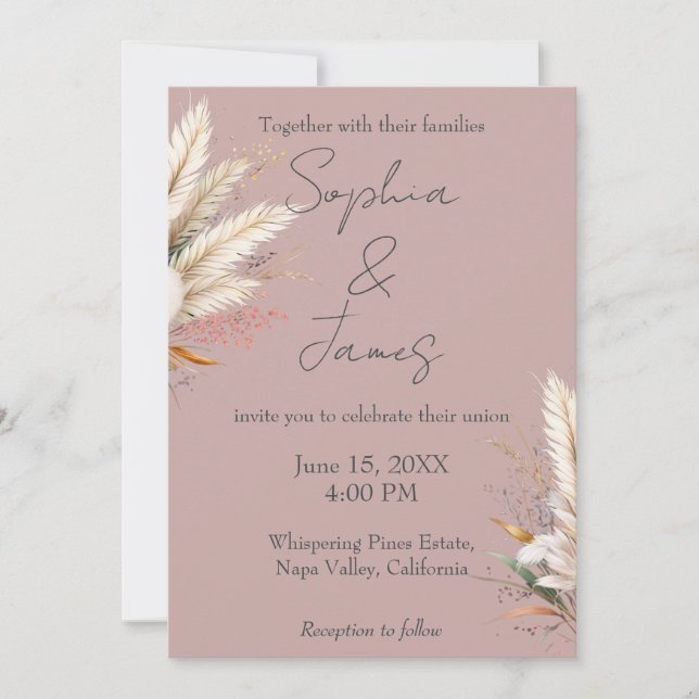Invitation Dusty Rose Boho Pampas Mariage en herbe (Devant)