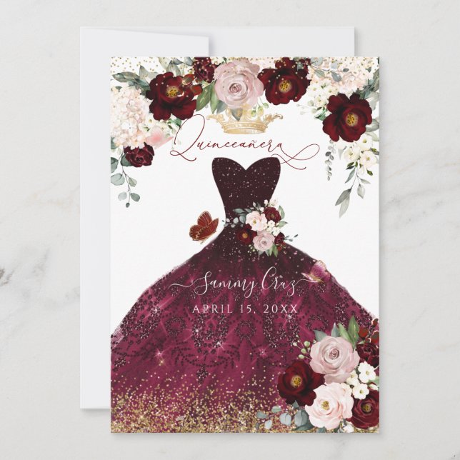 Invitation Dusty rose bordeaux Fleurs rousses Quinceanera (Devant)