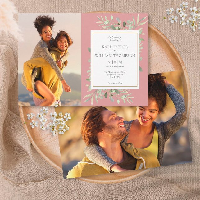 Invitation Dusty Rose Botanical Green Photos Mariage (Créateur téléchargé)