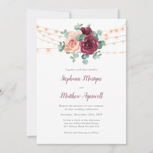 Invitation Dusty Rose Bourgogne Eucalyptus Mariage (Devant)
