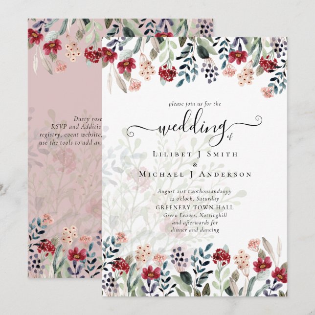 Invitation Dusty Rose Bourgogne Floral Mariage (Devant / Derrière)