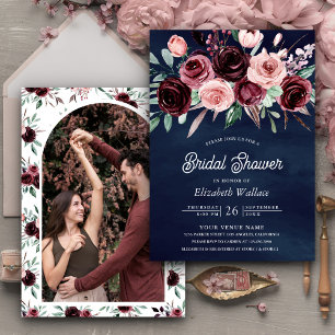 Invitation Dusty rose Bourgogne Floral Navy Fête des mariées 