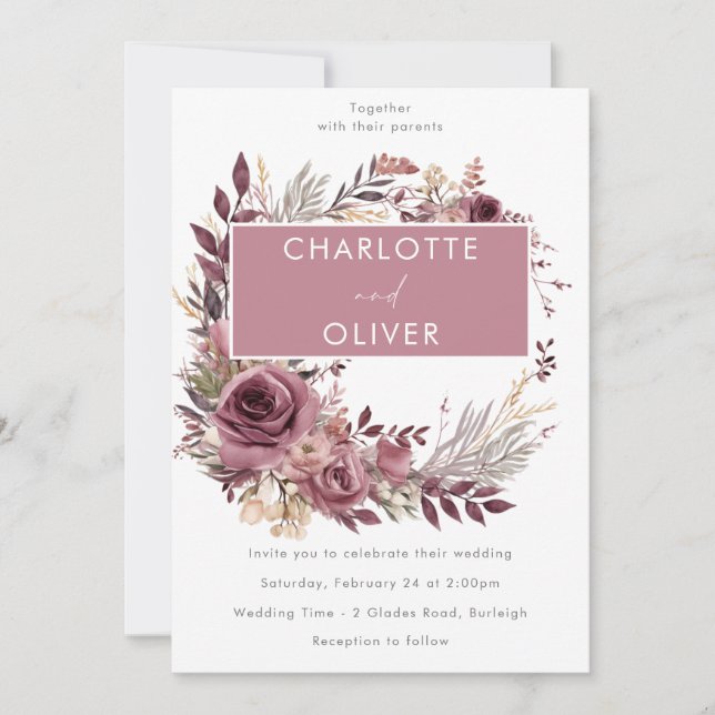 Invitation Dusty Rose & Burgundy Wreath Mariage moderne (Devant)