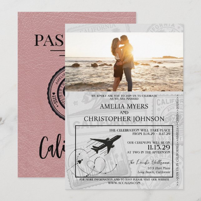 Invitation Dusty Rose California Passport Mariage (Devant / Derrière)